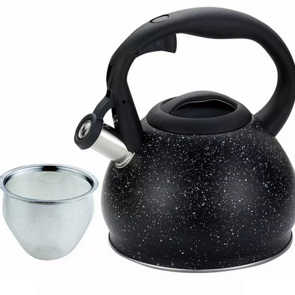 Kinghoff Waterkoker met Zeef - Roestvrij Staal 1.2L - Zwart Marmer Design - Geschikt voor Alle Kookplaten Inclusief Inductie - Theepot - Fluitketel