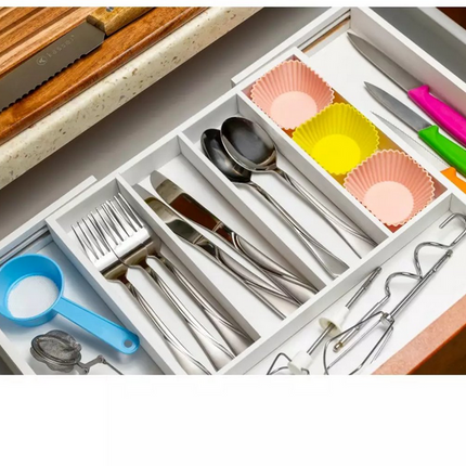 Kinghoff Bamboe Lade-organizer Wit - Uitschuifbaar (31-52 cm) - 7 Opbergvakken - Besteklade Opbergdoos - Natuurlijk Bamboe - Bestekla Organizer