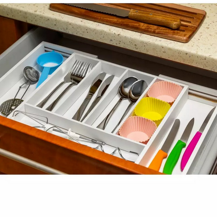 Kinghoff Bamboe Lade-organizer Wit - Uitschuifbaar (31-52 cm) - 7 Opbergvakken - Besteklade Opbergdoos - Natuurlijk Bamboe - Bestekla Organizer