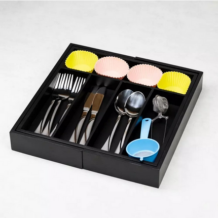 Bamboe Lade-Organizer - Uitschuifbaar Opbergsysteem voor Bestek & Keukengerei - 7 Vakken - Zwart - 31-52 x 31,5 x 5 cm