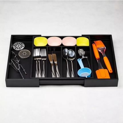Bamboe Lade-Organizer - Uitschuifbaar Opbergsysteem voor Bestek & Keukengerei - 7 Vakken - Zwart - 31-52 x 31,5 x 5 cm