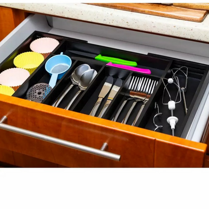 Bamboe Lade-Organizer - Uitschuifbaar Opbergsysteem voor Bestek & Keukengerei - 7 Vakken - Zwart - 31-52 x 31,5 x 5 cm