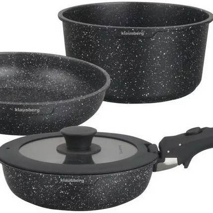 KLAUSBERG - Moderne 5-delige Kookset pannenset met Marmeren Anti-aanbaklaag en Afneembare Handgreep - Geschikt voor Alle Warmtebronnen, Inclusief Inductie