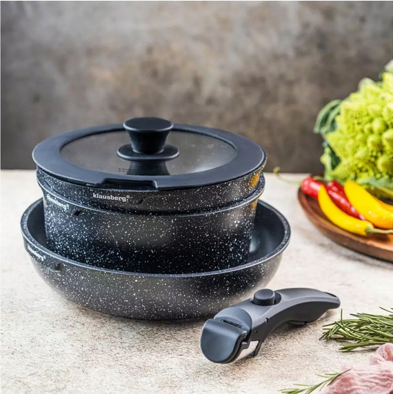 KLAUSBERG - Modern 5-Piece Cookware Set with Marble Non-Stick Coating and Detachable Handle - Suitable for All Heat Sources, Including Induction