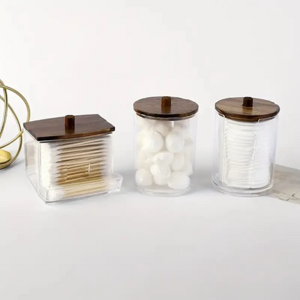 Set van 3 Wattenhouders – Badkamerorganizer met Houten Dekseks voor Wattenstaafjes, Wattenschijfjes en Wattenbolletjes - Donkerbruin - Stofvrij