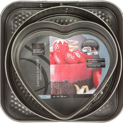 Bakvorm - Taartvorm -springvorm set van 3 - Hart 22x20CM - Rond 24CM- Vierkant 26X26CM