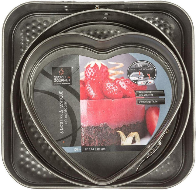 Bakvorm - Taartvorm -springvorm set van 3 - Hart 22x20CM - Rond 24CM- Vierkant 26X26CM