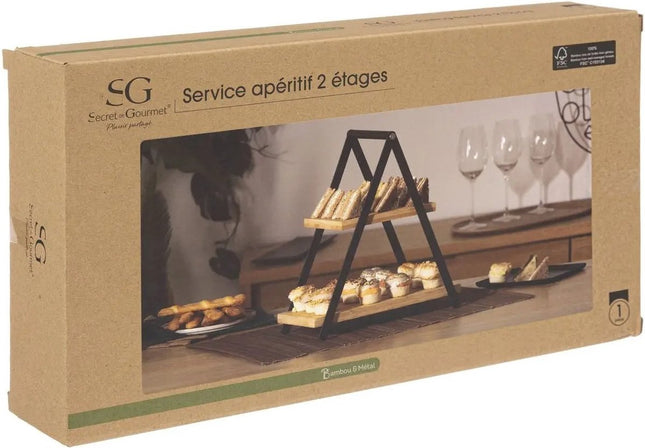 Etagere/dienblad - 2-laags - Bamboe - Zwart/beige