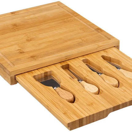 Secret de Gourmet kaasplankje cadeau set - inclusief 4x kaasmesjes - bamboe hout - 30 x 30 cm - serveerplank