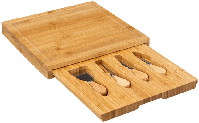 Secret de Gourmet kaasplankje cadeau set - inclusief 4x kaasmesjes - bamboe hout - 30 x 30 cm - serveerplank