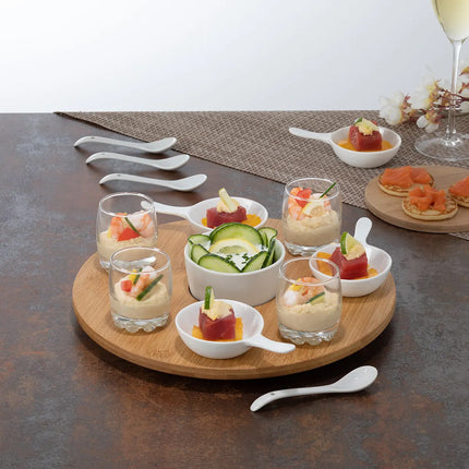 Serveerplank/amuse/aperitief hapjes - bamboe/porselein - wit - voor 4x personen - 14-delig