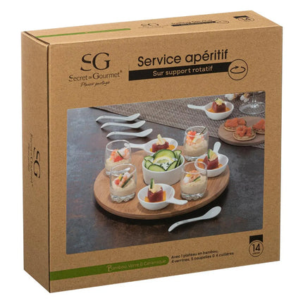 Serveerplank/amuse/aperitief hapjes - bamboe/porselein - wit - voor 4x personen - 14-delig