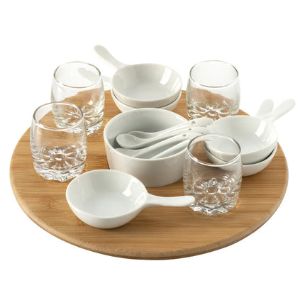 Serveerplank/amuse/aperitief hapjes - bamboe/porselein - wit - voor 4x personen - 14-delig