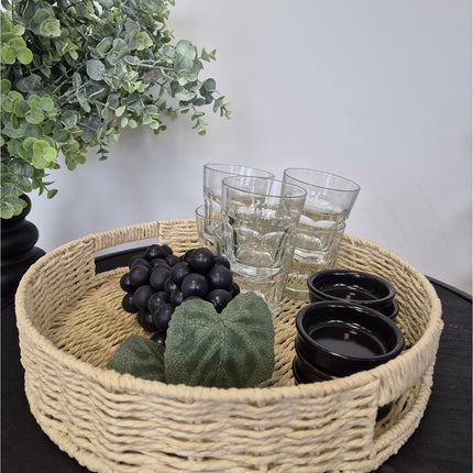 5Five Dienblad/serveer plateau - Dia 35 cm - gevlochten koord - Naturel look - Metalen frame