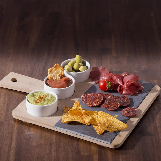 Serveerplank/borrelplank hapjes/saus/tapas - bamboe - bruin - incl. 3x schaaltjes