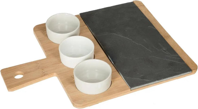 Serveerplank/borrelplank hapjes/saus/tapas - bamboe - bruin - incl. 3x schaaltjes