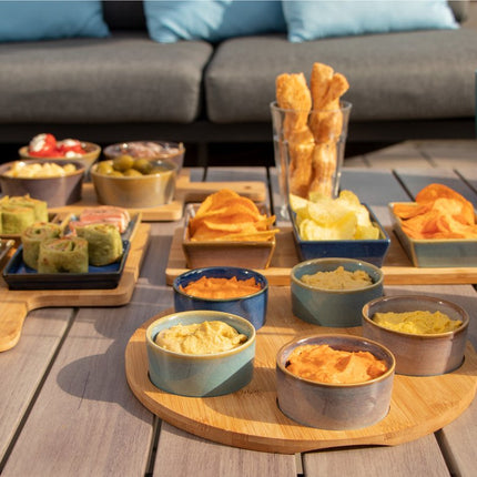 Serveerplank bamboe dia 25 cm met 5x luxe hapjes/saus/tapas schaaltjes