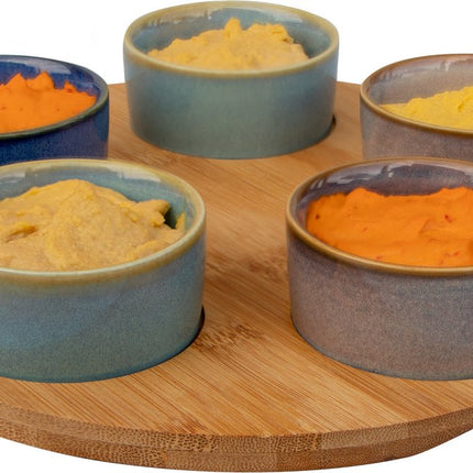 Serveerplank bamboe dia 25 cm met 5x luxe hapjes/saus/tapas schaaltjes
