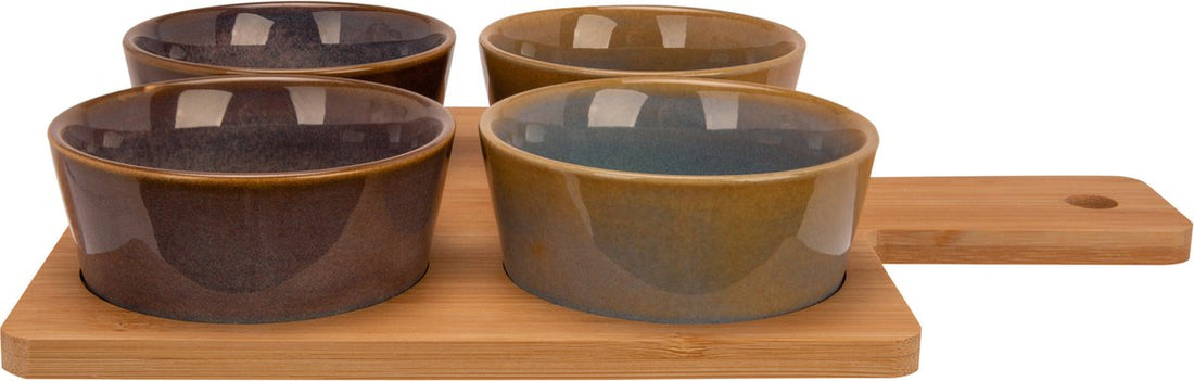 Bamboo serving board 31 x 22 cm with 4 luxury snack/sauce/tapas bowls