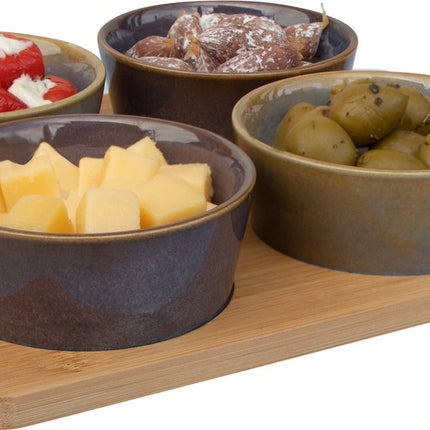 Serveerplank bamboe 31 x 22 cm met 4x luxe hapjes/saus/tapas schaaltjes