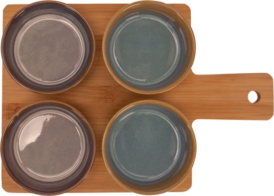 Bamboo serving board 31 x 22 cm with 4 luxury snack/sauce/tapas bowls
