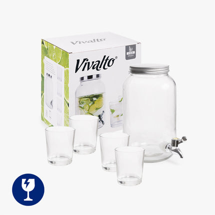 Set van 5 – 3L Karaf met Anti-Druppelkraan + 4 Glazen (390ml) – Ideaal voor Frisdranken, Limonade & Sappen – Stijlvol Servies voor Feesten, BBQ’s en Buitenlunch