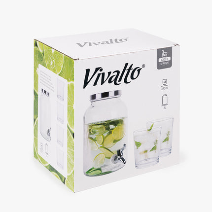 Set van 5 – 3L Karaf met Anti-Druppelkraan + 4 Glazen (390ml) – Ideaal voor Frisdranken, Limonade & Sappen – Stijlvol Servies voor Feesten, BBQ’s en Buitenlunch