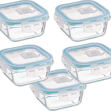 Set van 5 Kristalglas Lunchboxen – 330 ml Vershoudbakjes met Lichtblauw Randje – Glazen Lunchbox voor Salade, Snacks of Meal Prep – 12 x 12 x 6,5 cm
