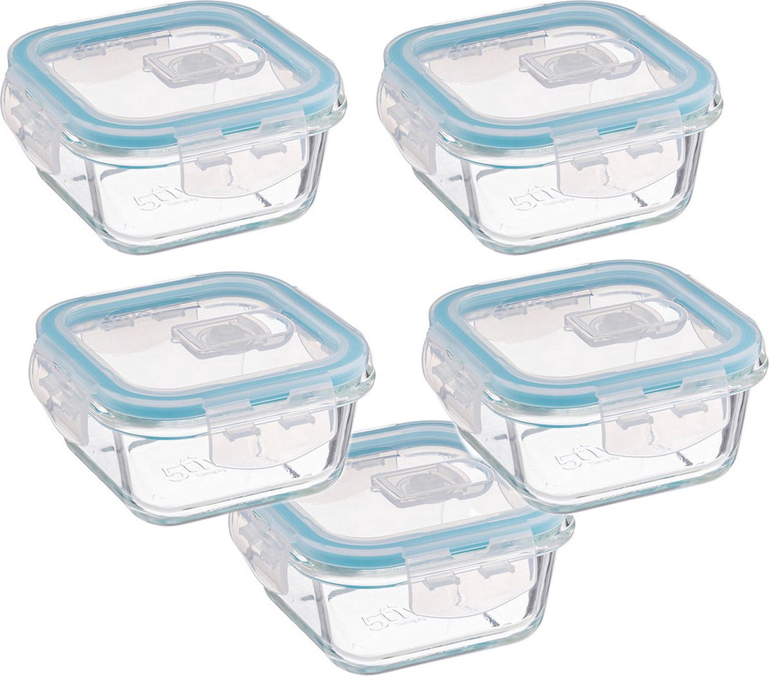 Set van 5 Kristalglas Lunchboxen – 330 ml Vershoudbakjes met Lichtblauw Randje – Glazen Lunchbox voor Salade, Snacks of Meal Prep – 12 x 12 x 6, 5 cm