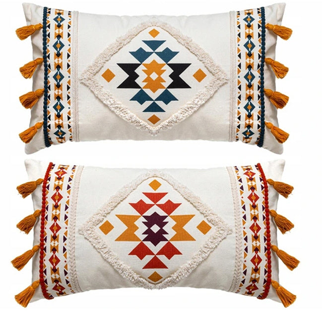 Coussin décoratif à franges style bohème/ethnique