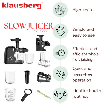 Klausberg Slow Juicer– 150W | 700 ml | Cold Press | Groenten en Fruitpers | Luxe Design & Hoog Saprendement