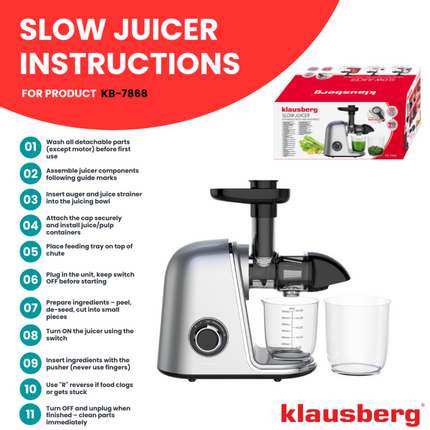 Klausberg Slow Juicer – 150W - 700ml | Groenten en Fruitpers – Met Pulpreservoir