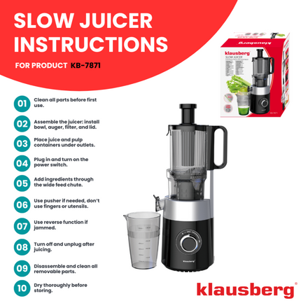 Klausberg KB-7871 Slowjuicer – Cold Press - Stille verticale juicer sapcentrifuge met brede vulopening – Fruitpers - Zwart/Zilver