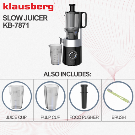 Klausberg KB-7871 Slowjuicer – Cold Press - Stille verticale juicer sapcentrifuge met brede vulopening – Fruitpers - Zwart/Zilver