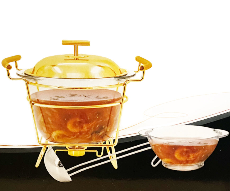 Soupière en verre, marmite à soupe avec chauffe-plat