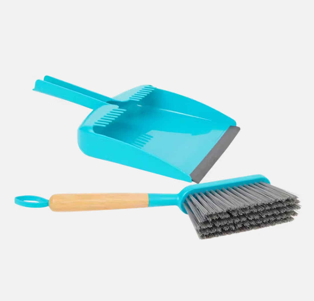 Stoffer en blik Classic – blauw, 2-delig, met bamboe handgreep