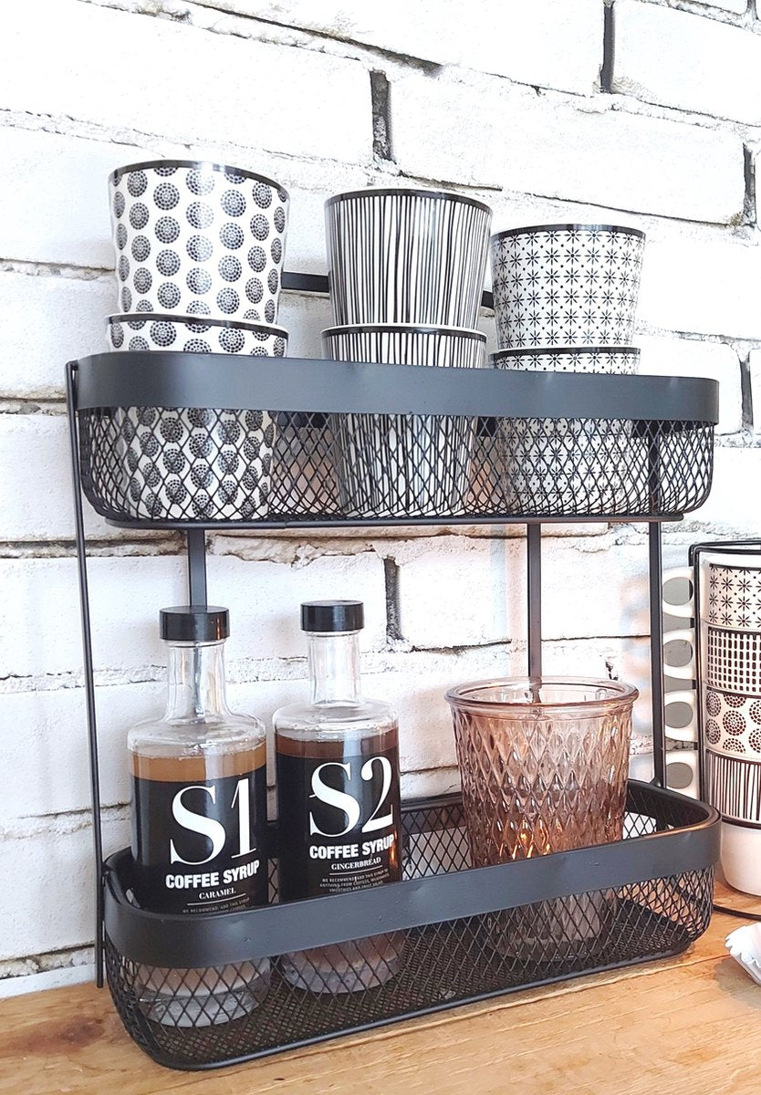 Black kitchen styling rack for mugs and spices