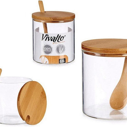 Suikerkom / suikerpotje glas met bamboe houten lepel en deksel 520 ML