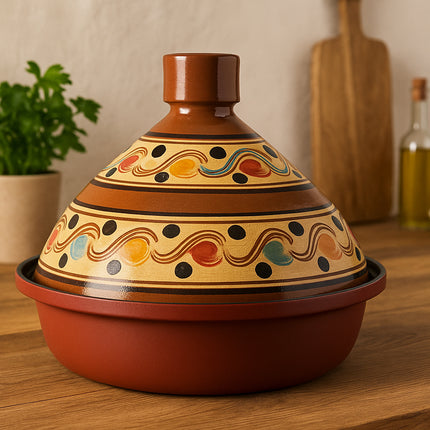 Tajine 30 cm – Handgemaakt Aardewerk & Aluminium – Traditioneel Marokkaans – Rood/Bont