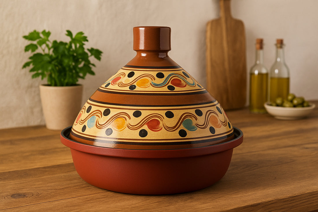 Tajine 30 cm van aardewerk en aluminium – handbeschilderd deksel, rood/bont – foto 4