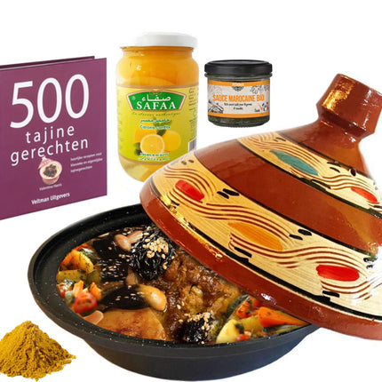 Complete luxe tajine cadeaupakket. -kookboek-kruiden-ingelegde citroenen