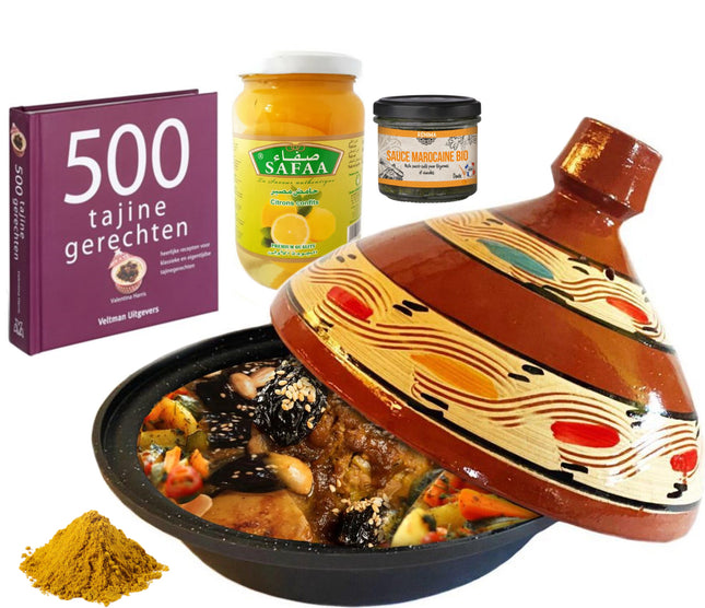 Complete luxe tajine cadeaupakket. -kookboek-kruiden-ingelegde citroenen