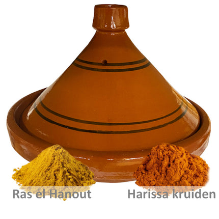 Aardewerk tajine 30 cm met Ras el hanout en Harissa kruiden
