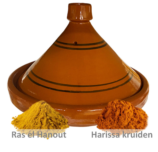 Aardewerk tajine 30 cm met Ras el hanout en Harissa kruiden