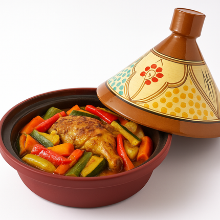 Tajine 30 cm – Marokkaans Handgeschilderd – Aardewerk & Aluminium – Donkerrood – Multikleur Motief