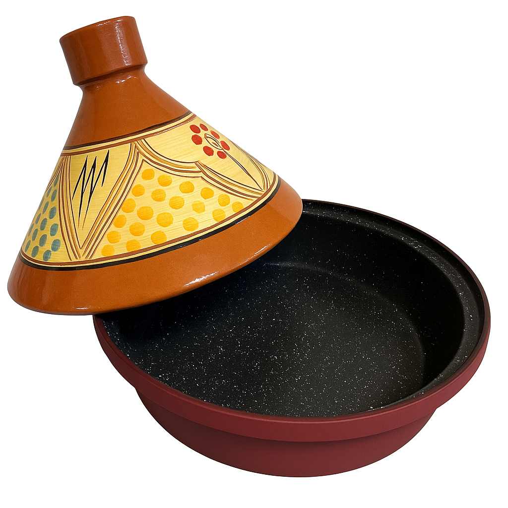 Marokkaanse tajine 30 cm – handbeschilderd deksel, aluminium bodem, donkerrood