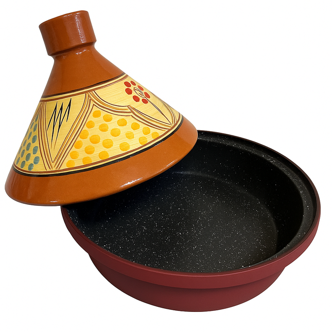 Tajine 30 cm – Marokkaans Handgeschilderd – Aardewerk & Aluminium – Donkerrood – Multikleur Motief