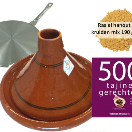 Tajine set inductie, 4-6 pers tajine, 190 gr kruiden, kookboek, inductie adapter