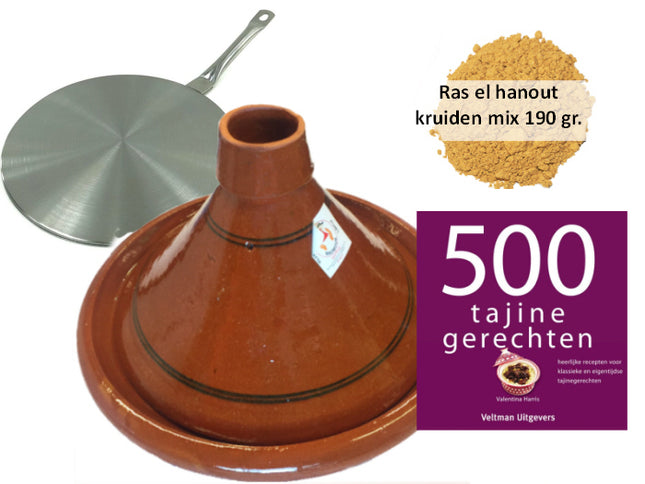 Tajine set inductie, 4-6 pers tajine, 190 gr kruiden, kookboek, inductie adapter