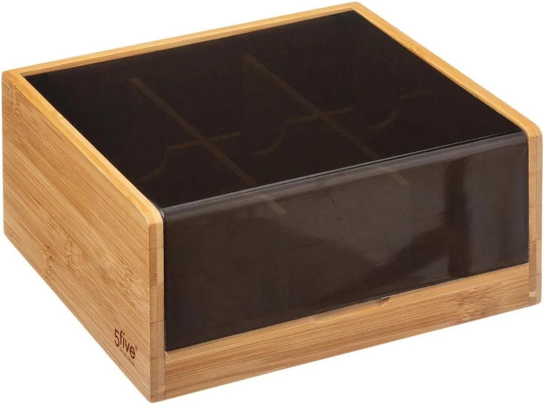 Tea box - tea chest brown/black 6-compartment 22 x 21 cm made of bamboo